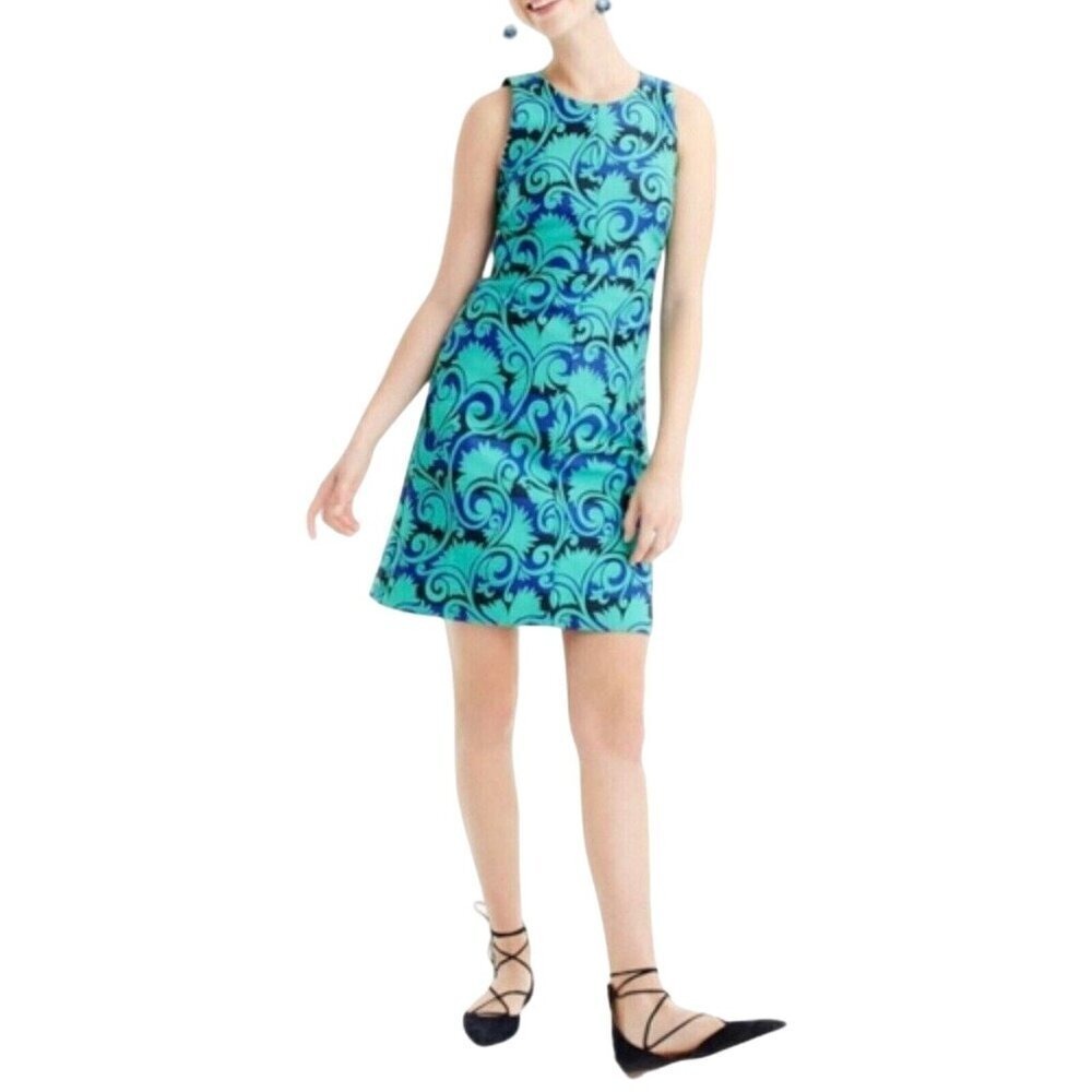 Stunning‎ Sleeveless Beaded Collar Dress Bold Blue Teal Print A-Line Women 4 - Picture 13 of 15